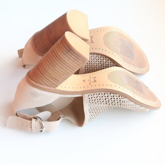 Marc Fisher Beige Laser-cut Suede Leather Peep Toe Block Heel Ankle Strap Sandal - Picture 14 of 16